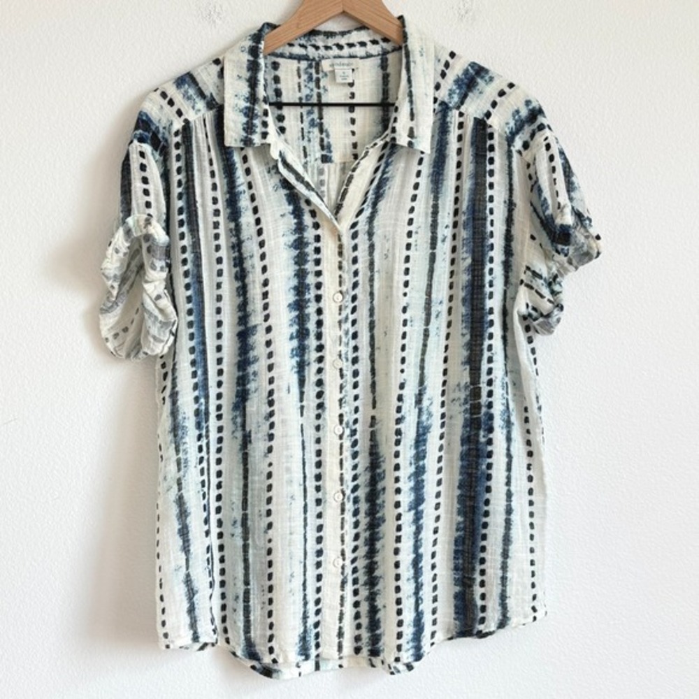Sundance Annie Boho Coastal Gauze Button Shirt Indigo Tie Dye Watercolor Stripe